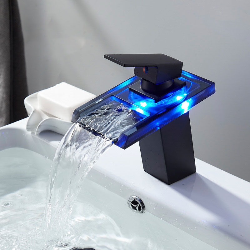 Bathroom Sink Faucet with led Light Waterfall Spout, Brass Body, Black