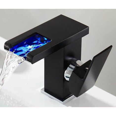Bathroom Sink Faucet with LED Light Waterfall Spout, Brass Body, black lacquer side opening