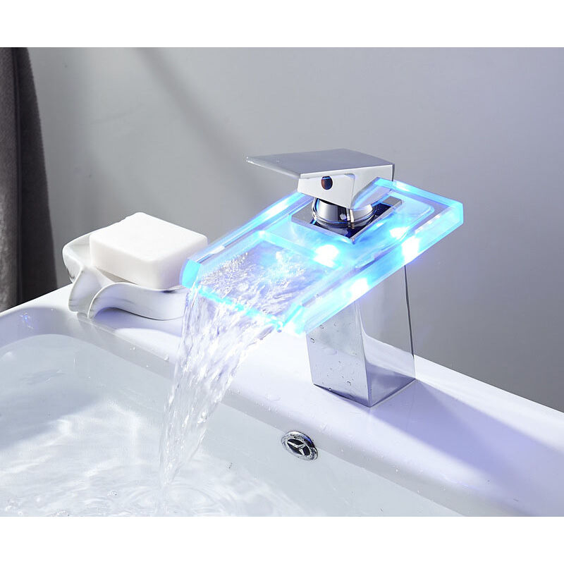 Shyne - Bathroom Sink Faucet with led Light Waterfall Spout, Brass Body, Transparent