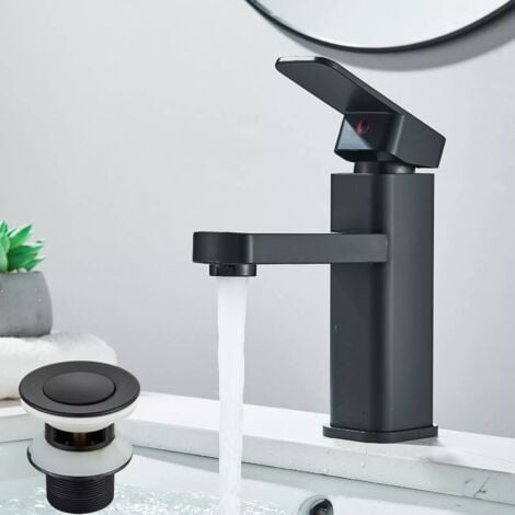 SUGUWORD Bathroom Sink Tap Black with Waste Washroom Single Lever Brass Basin Mixer Tap