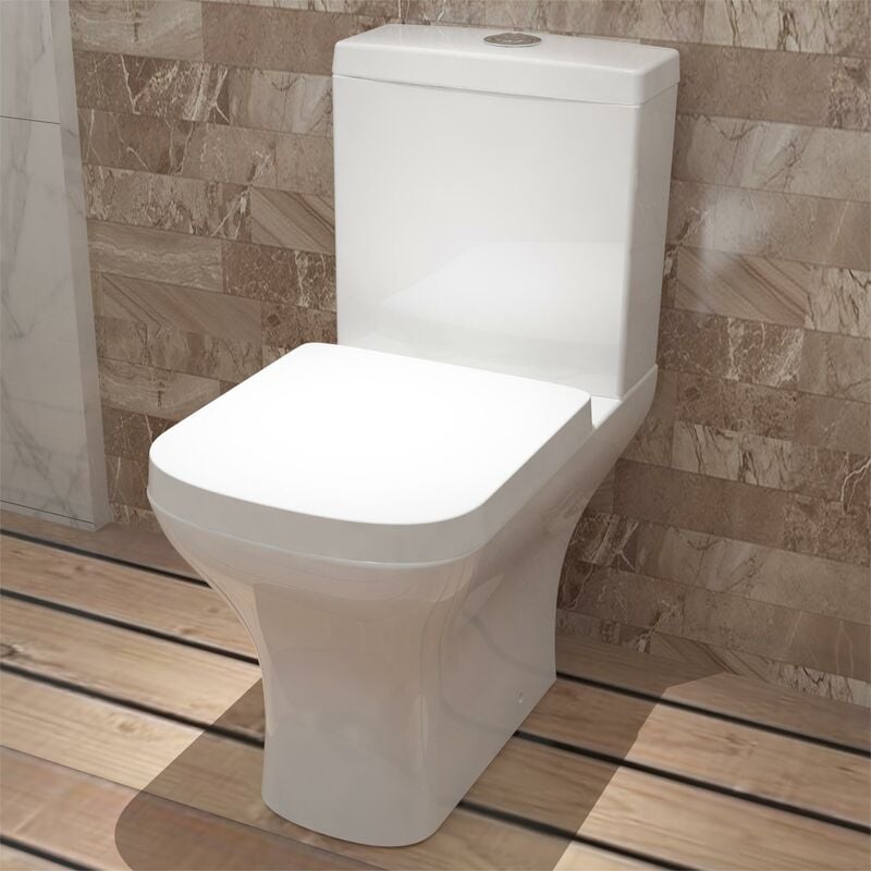 Bathroom Square Close Coupled Toilet With Soft Close Seat Modern WC - White