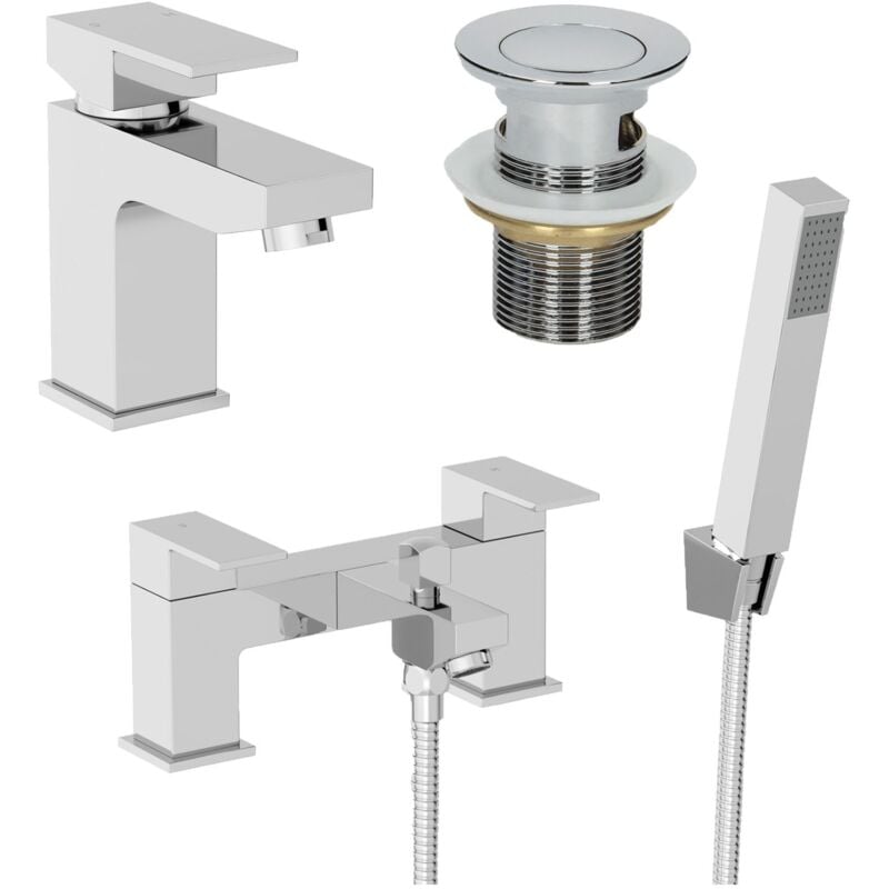 Bathroom Square Mono Basin Mixer Tap Bath Shower Filler Tap Set - Silver