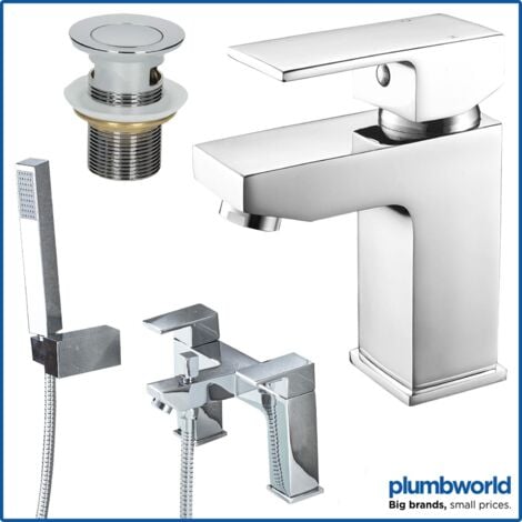 Bathroom Square Mono Basin Mixer Tap Bath Shower Filler Tap Set - Silver