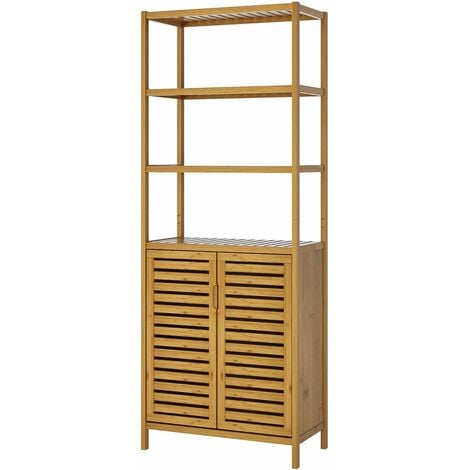 Bathroom Storage Cabinet Bamboo Floor Cabinet FreeStanding Storage Cupboard with Doors and Shelves 64x33x168cm