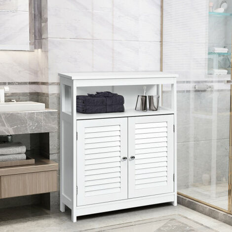Bathroom Storage Cabinet Wood Freestanding Floor Cabinet w/ Double Shutter Door