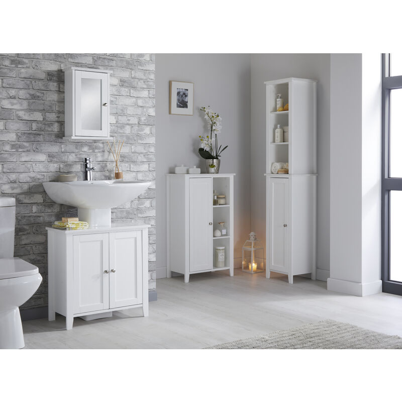 Bathroom Storage Tallboy Cabinet Marble Effect Top - White Painted/ Marble Effect Foil