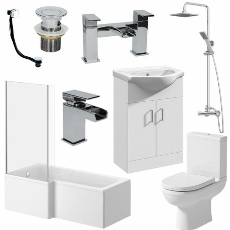 main image of "Bathroom Suite 1700mm L Shaped LH Bath Toilet Vanity Basin Shower Screen Panel"