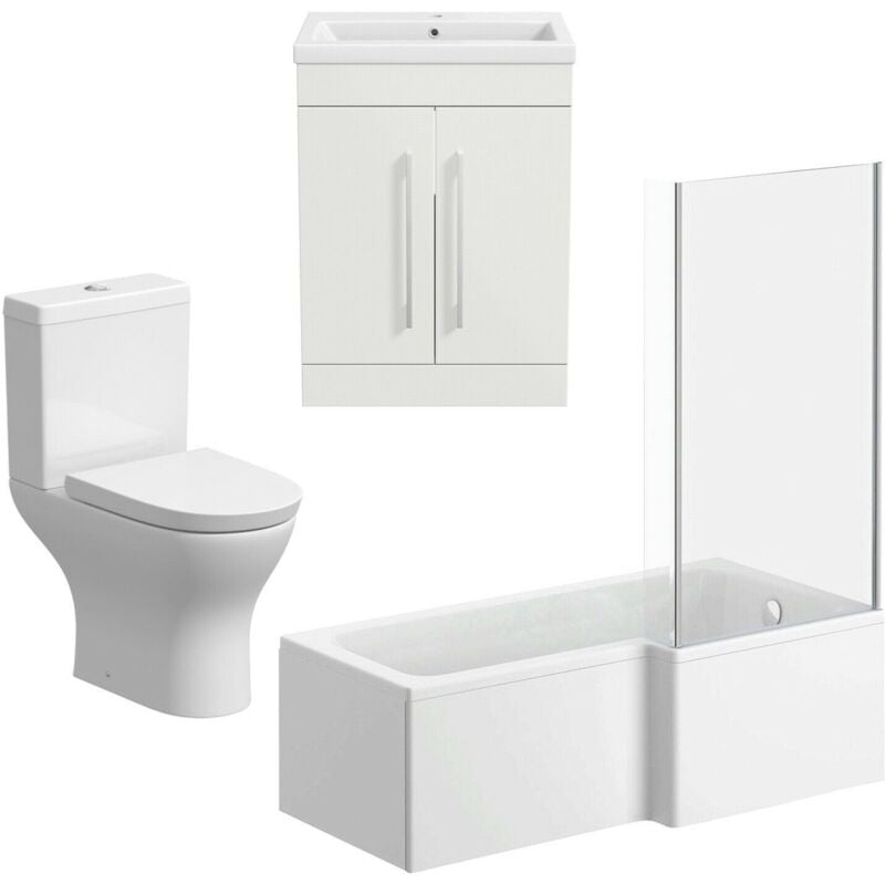 Bathroom Suite 600mm Vanity Unit Basin l Shape Bath With Curved Toilet White rh