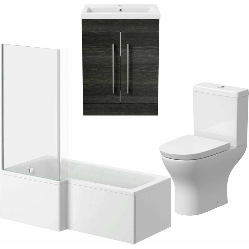 Bathroom Suite 600mm Vanity Unit l Shape Bath Curved Toilet Charcoal Grey lh