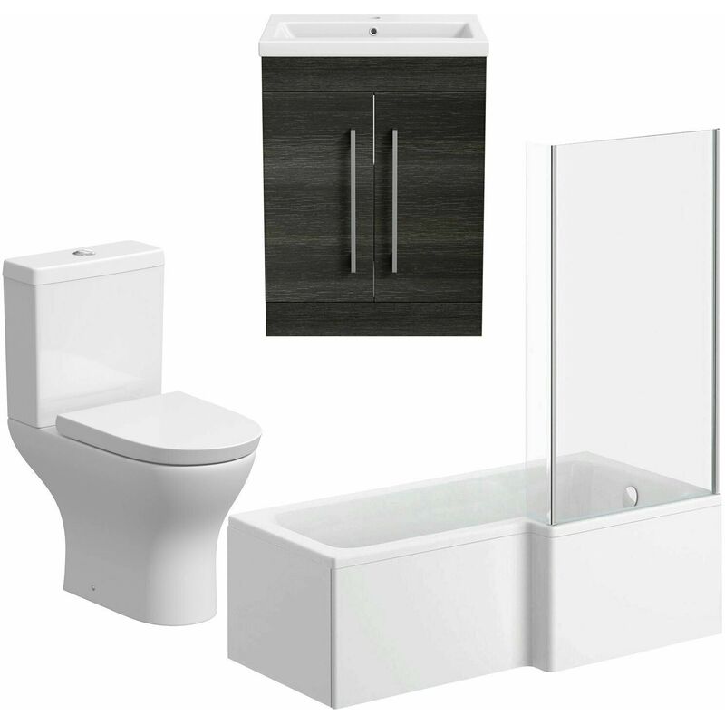 Bathroom Suite 600mm Vanity Unit l Shape Bath Curved Toilet Charcoal Grey rh