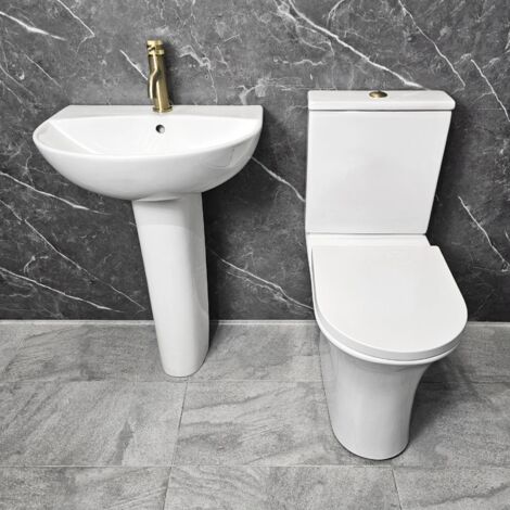 Bathroom Suite Comfort Height Toilet Brass Flush Button and Hinges Closed Back, Without Tap