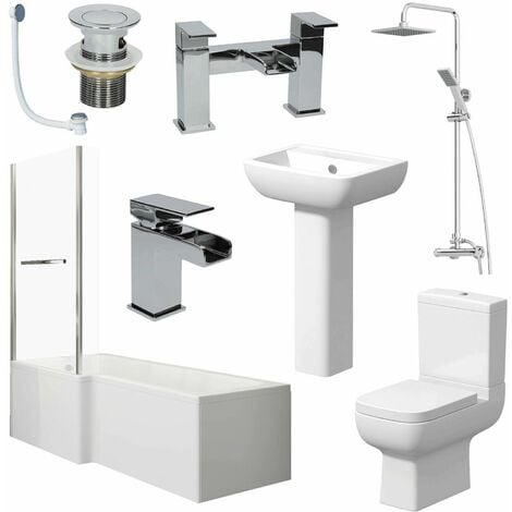 Bathroom Suite L Shape Bath LH Screen & Rail Toilet Basin Pedestal Shower Taps