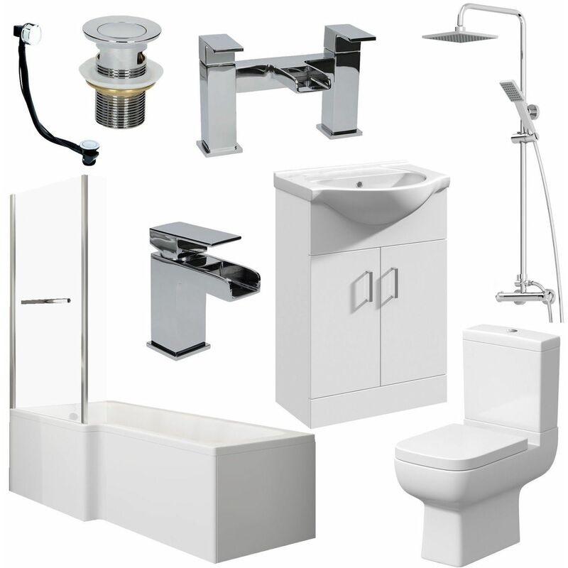 Essence - Bathroom Suite l Shaped Bath lh Screen Toilet Basin Vanity Unit Shower Taps Set - White