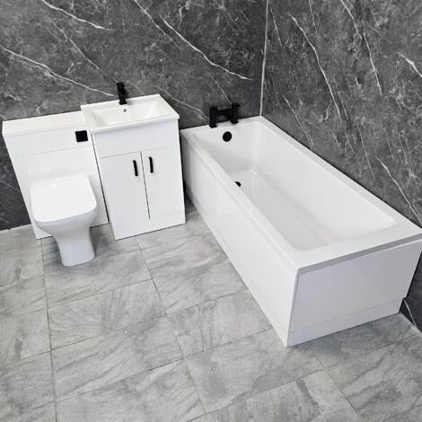 Bathroom Suite Siera 1700mm Bath with White Vanity Unit WC Black Handles Taps, Without End Panel