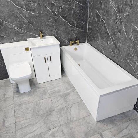 Bathroom Suite Siera 1700mm Bath with White Vanity Unit WC Brass Handles Taps, Without End Panel