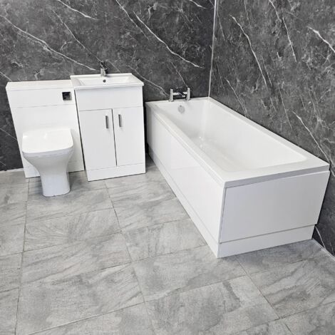 Bathroom Suite Siera 1700mm Bath with White Vanity Unit WC Chrome Handles Taps, Without End Panel