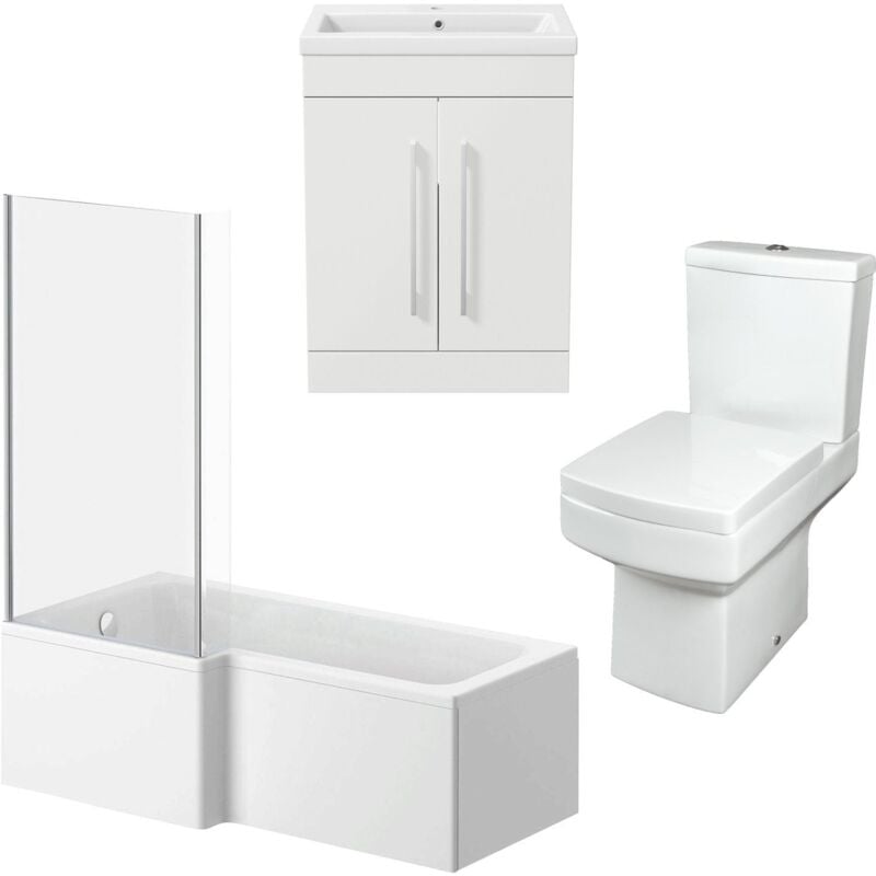 Bathroom Suite Vanity Unit Basin l Shape Bath With Square Toilet wc White lh