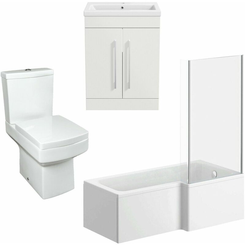 Bathroom Suite Vanity Unit Basin L Shape Bath With Square Toilet WC White RH