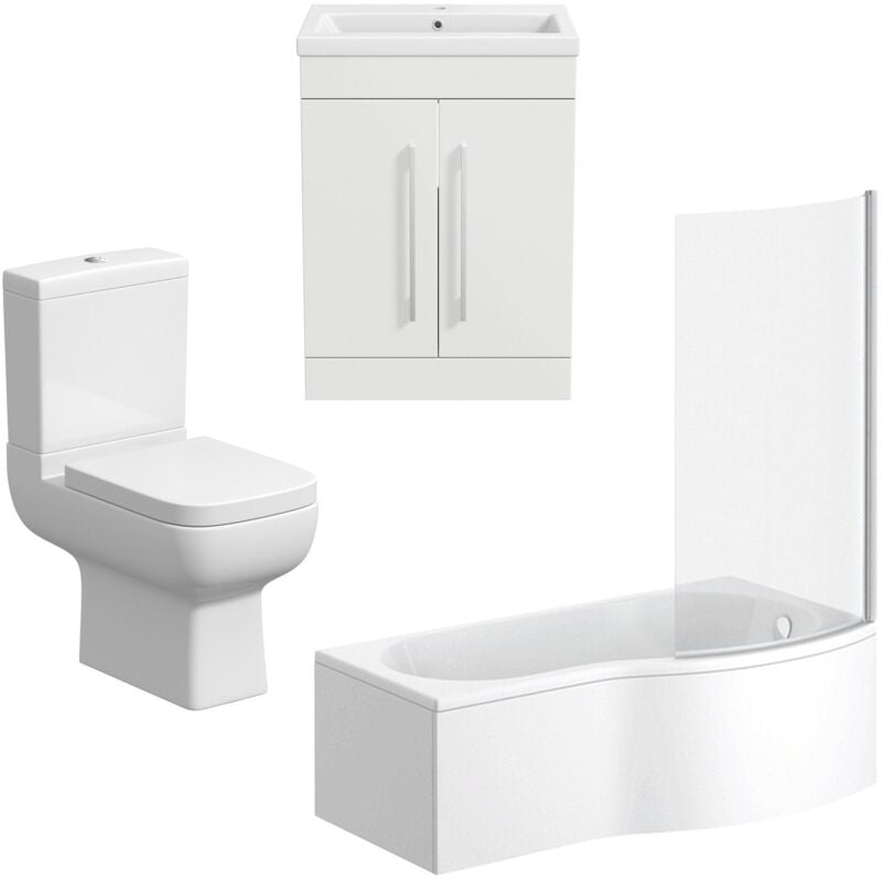 Bathroom Suite Vanity Unit Basin p Shape Bath Close Coupled Toilet White rh