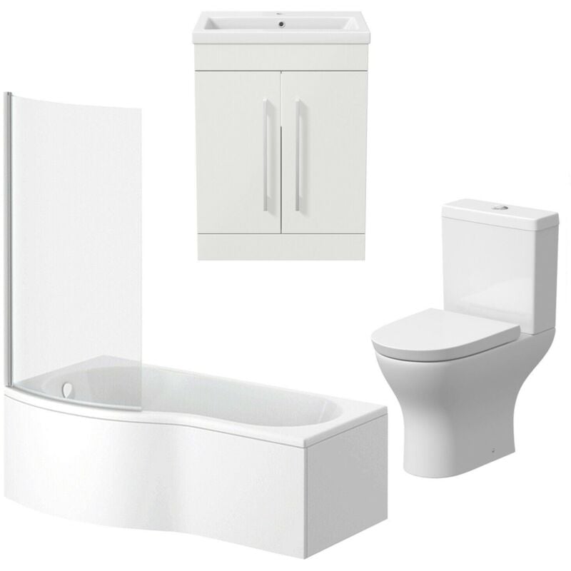 Bathroom Suite Vanity Unit Basin p Shape Bath With Curved Pan Toilet White lh