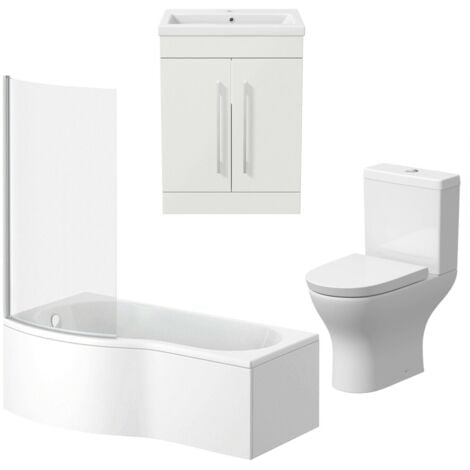 Bathroom Suite Vanity Unit Basin P Shape Bath With Curved Pan Toilet White LH