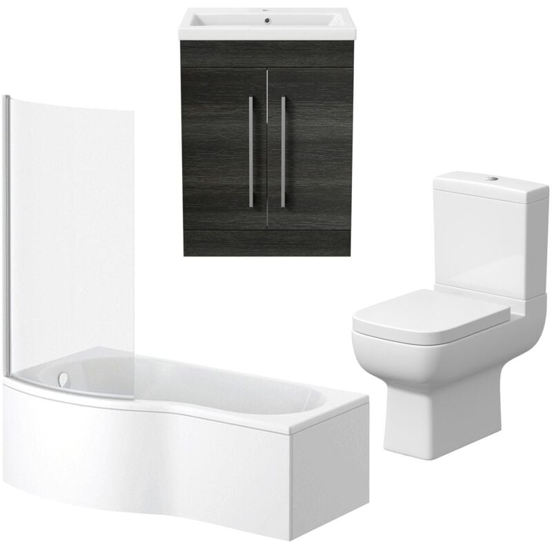 Bathroom Suite Vanity Unit p Shape Bath Close Coupled Toilet Charcoal Grey lh