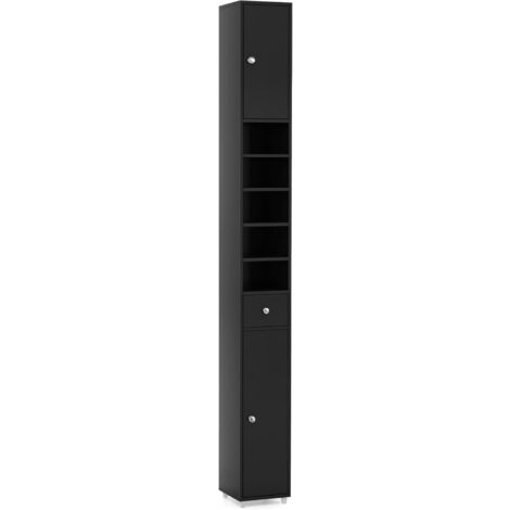Bathroom Tall Cabinet Slim Freestanding Storage Organizer Cupboard With 2 Doors Black