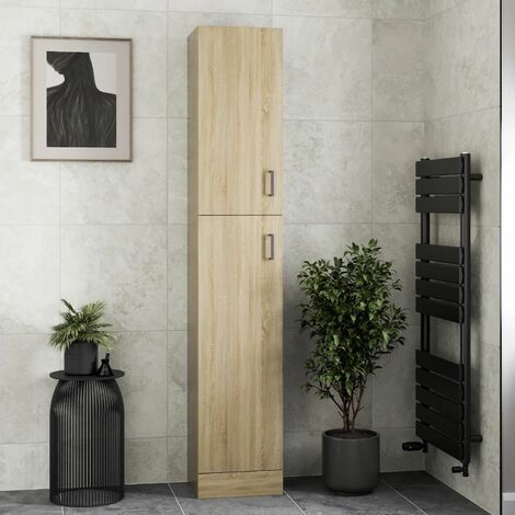 Bathroom Tall Unit Cabinet Oak Effect Soft Close Door Floor Standing Modern