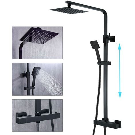 Bathroom Thermostatic Mixer Shower Set Matt Black Square Twin Head Exposed Valve
