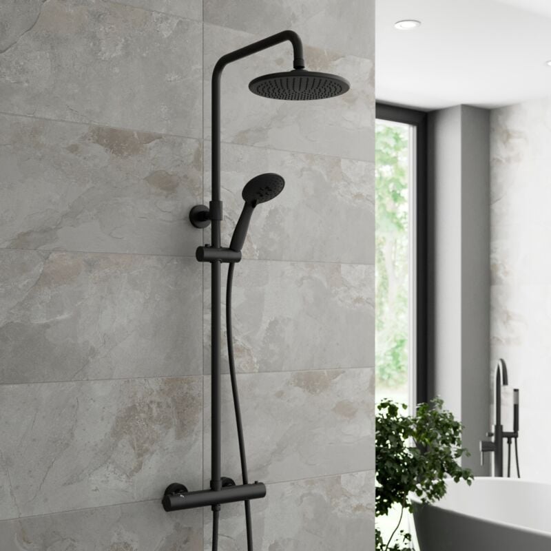Aquari - Bathroom Thermostatic Mixer Shower Set Round Matte Black Twin Head Exposed Valve