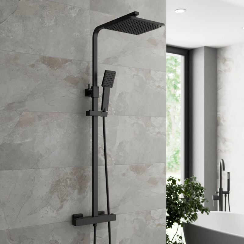 Bathroom Thermostatic Mixer Shower Set Square Black Twin Head Exposed Valve