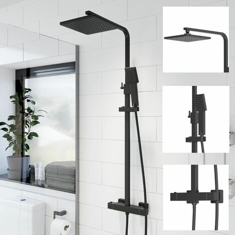 Bathroom Thermostatic Mixer Shower Set Square Black Twin Head Exposed Valve - Black