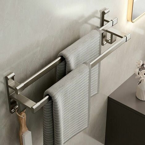 Bathroom Towel Rack Without Holes Double Arm Towel Rack Bathroom Double Space Aluminum Bathroom Towel Rack Self Adhesive Towel Rack Metallic Gray Double Rod 50CM