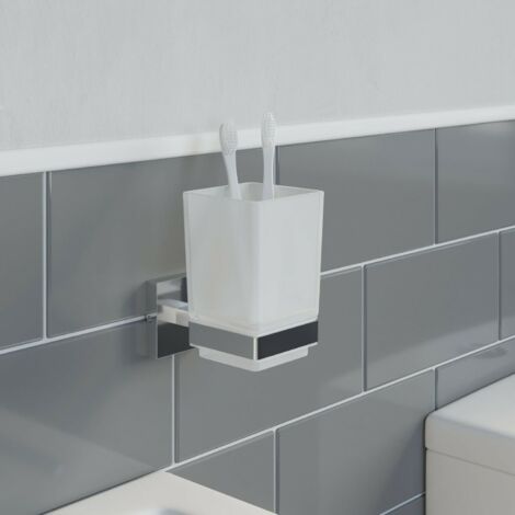 Bathroom Tumbler Holder Chrome Square Wall Mounted Stylish Modern - Silver