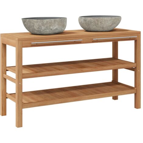 Bathroom Vanity Cabinet Solid Teak with Riverstone Sinks