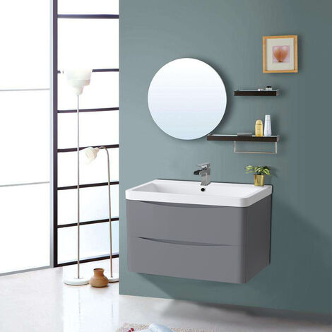 Bathroom Vanity Unit Basin Sink Wall Hung 2 Drawers Storage Cabinet 800mm Gloss Grey