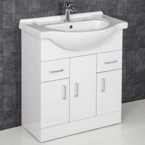 Bathroom Vanity Unit Basin Tap + Waste Gloss White Floorstanding