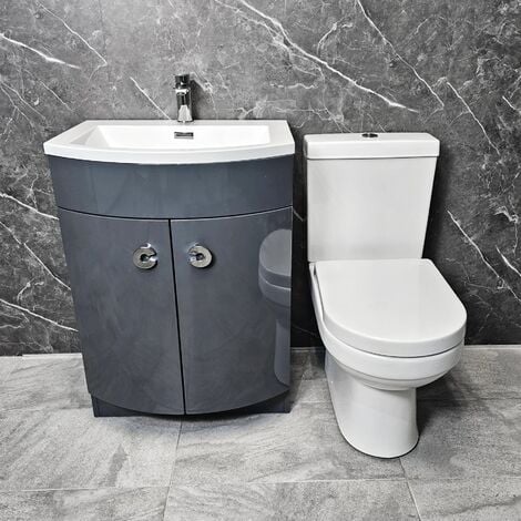 Bathroom Vanity Unit Grey Gloss Curved with Life Toilet Suite D Shape 600mm, Without Tap