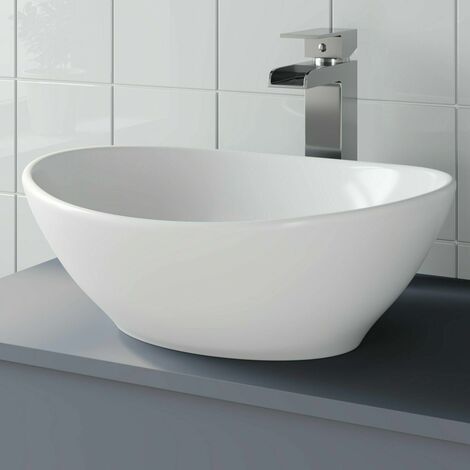 Bathroom Vanity Wash Basin Sink Countertop Oval Curved White Modern 410 x 330mm - White