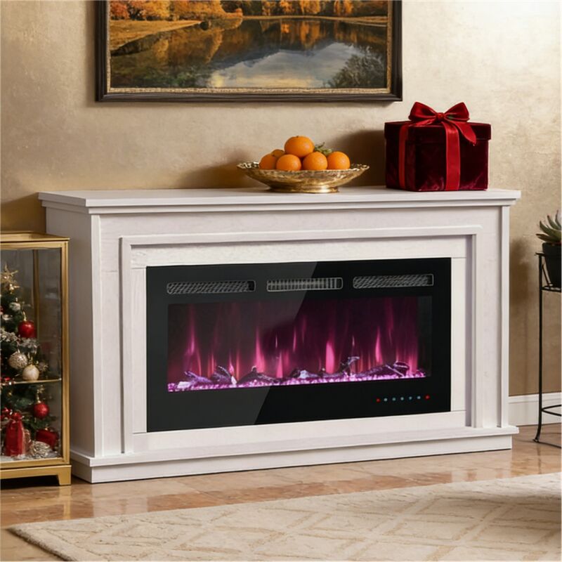 Cheminée Électrique Mural & Encastrable 42 Zoll avec 12 Couleurs de Flammes Réglables, Thermostat Réglable, Set Cristal & Bois, Télécommande & Écran