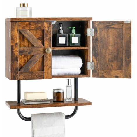 Bathroom Wall Cabinet Wall-Mounted Medicine Cabinet w/ Double Doors Open Shelf