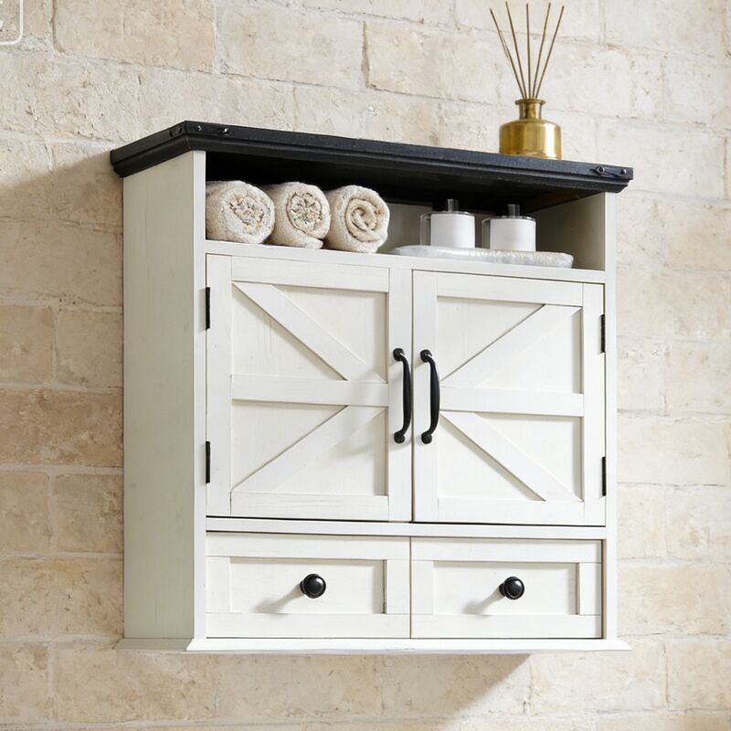 Armoire Murale de Salle de Bain Style Campagnard, Meuble de Rangement à Double Portes Battantes, 1 Tiroir & Étagère Réglable - Idéal pour Salle de
