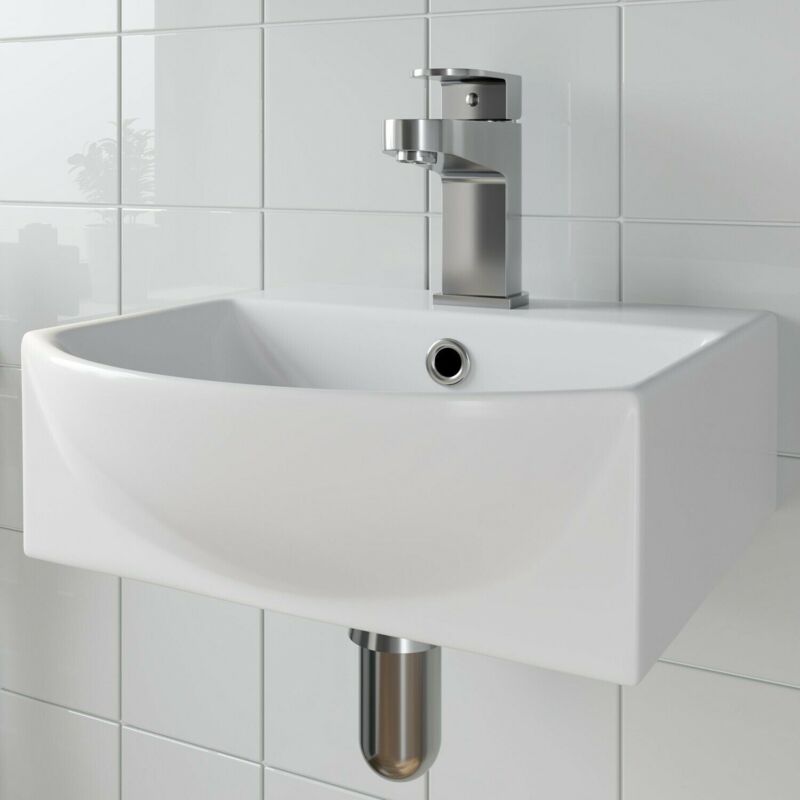 Bathroom Wall Hung Basin Hand Wash Sink 1 Tap Hole White Gloss Cloakroom Modern