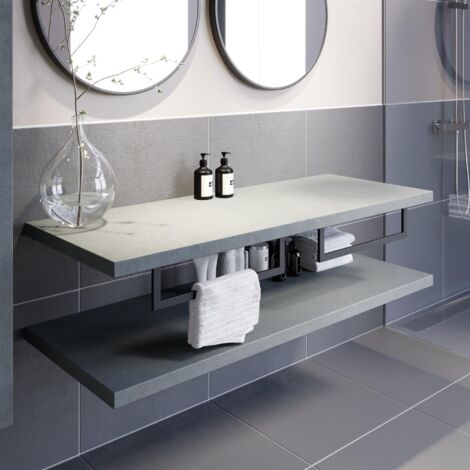 main image of "Bathroom Wall Hung Floating Shelf Towel Rail Ring Storage Grey 1100mm Furniture"