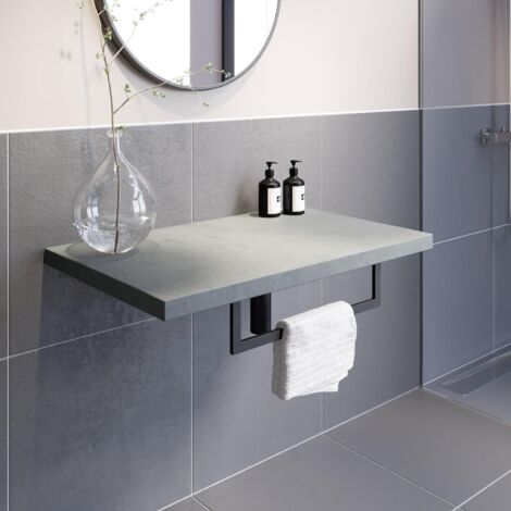 main image of "Bathroom Wall Hung Floating Shelf Towel Rail Ring Storage Grey 600mm Furniture"