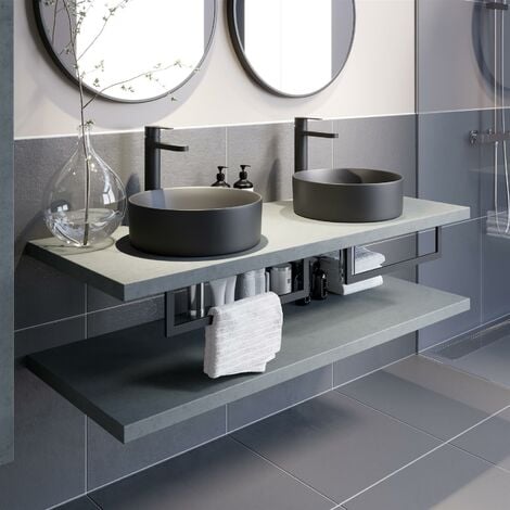Bathroom Wall Hung Floating Shelf Wash Basin Sink Towel Rail Storage Grey 1100