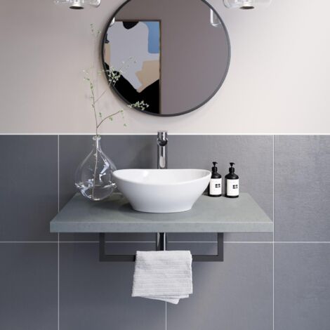 main image of "Bathroom Wall Hung Floating Shelf Wash Basin Sink Towel Rail Storage Grey 600mm"