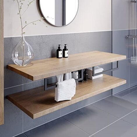 main image of "Bathroom Wall Hung Floating Shelves Towel Rail Ring Storage Beige 1100 Furniture"