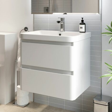 main image of "Bathroom Wall Hung Vanity Unit Wash Basin Base Cabinet Two Drawers Storage White"