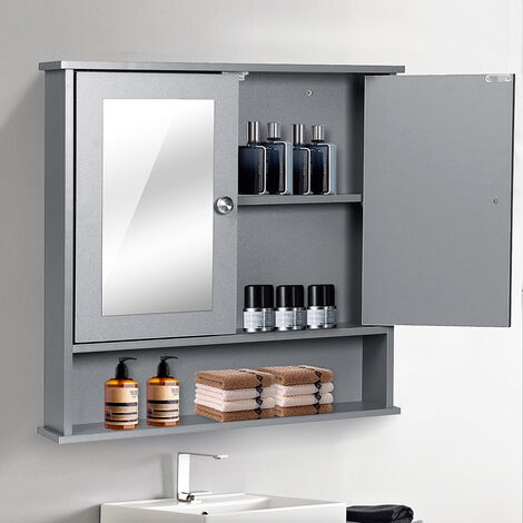 main image of "Bathroom Wall Mounted Hanging Makeup Mirror Cabinet 58*56*13cm Grey"